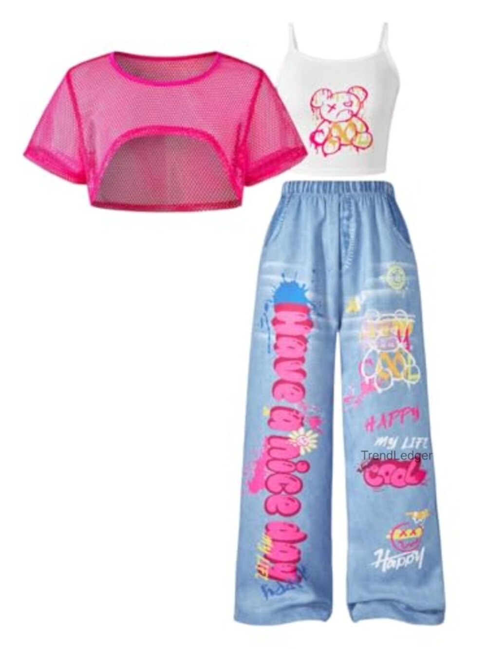 Girls 3 Piece Sheer Crop Top Cami and Pants Set Summer Outfit